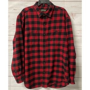 Orvis Mens Large Perfect Flannel Shirt Shacket Red Black Buffalo Check Plaid VTG